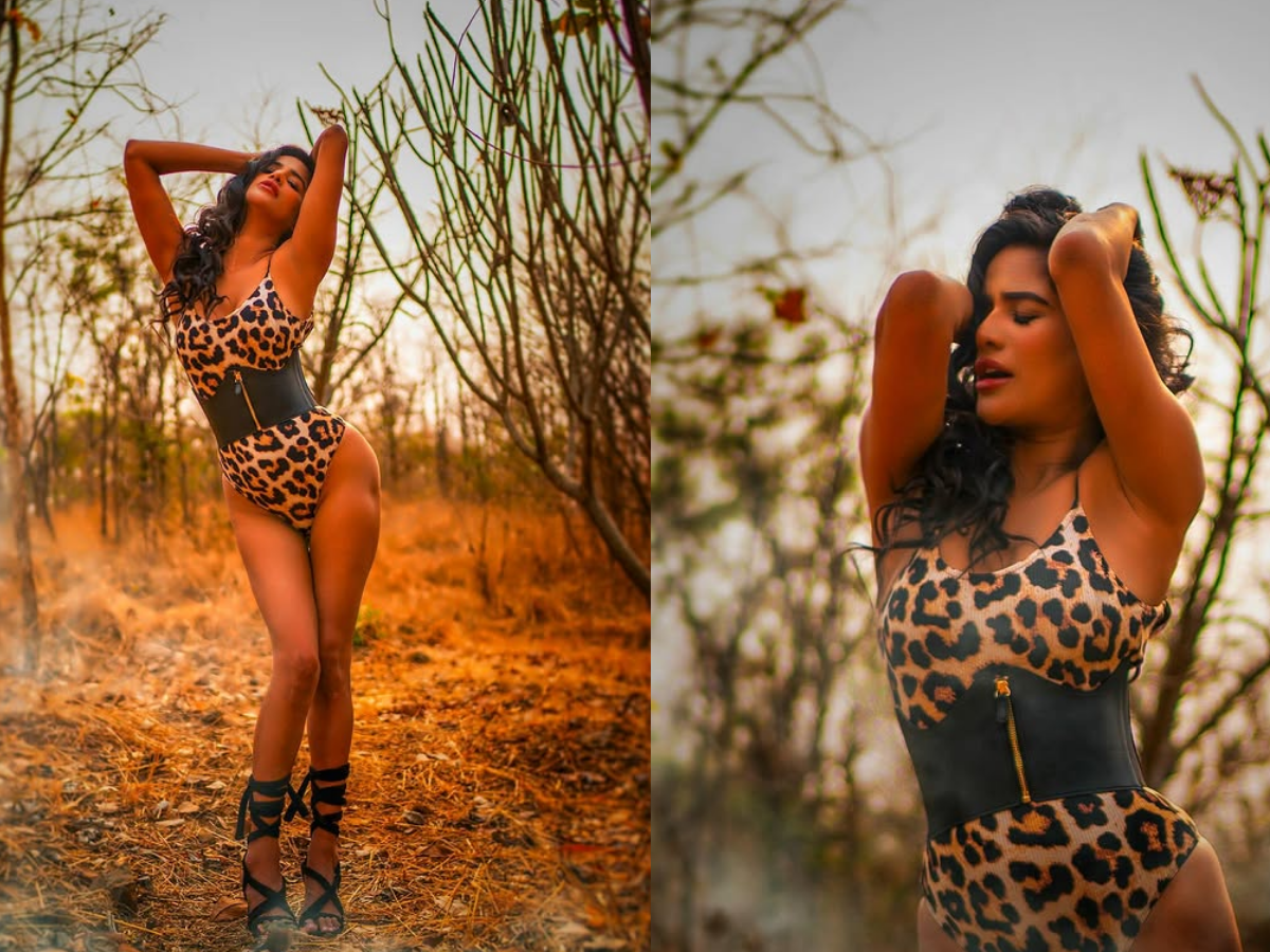 Poonam Pandey's hot look in a leopard print swimsuit. - Photo Gallery